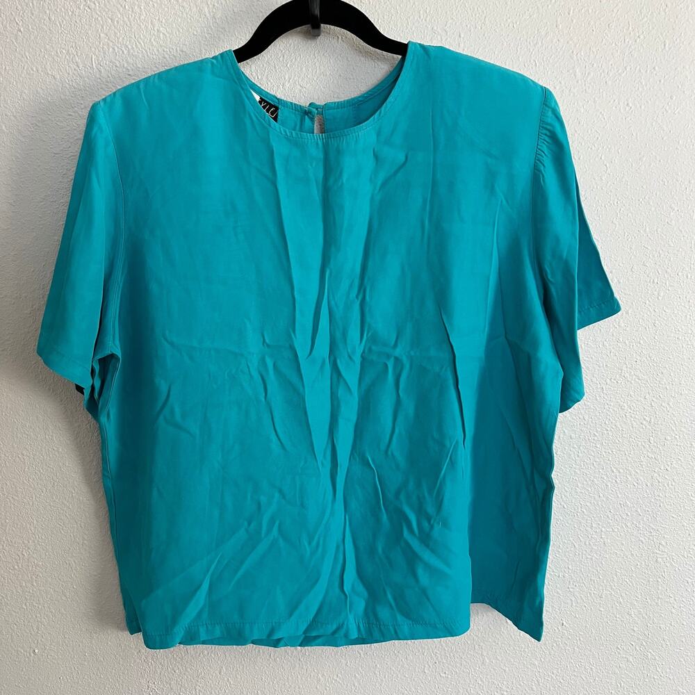 Vintage Braun Style Blue Top Round Neck Back Button Pullover Short Sleeve Sz M